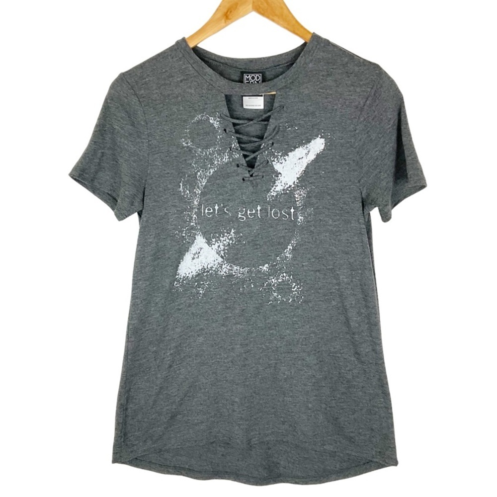 Modern Lux Gray Lace Up Neck T Shirt Graphic Print Womens Short Sleeve